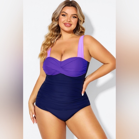 NEW NWT MeetCurve Plus Size Purple Color Block One Piece Swimsuit - Picture 2 of 6